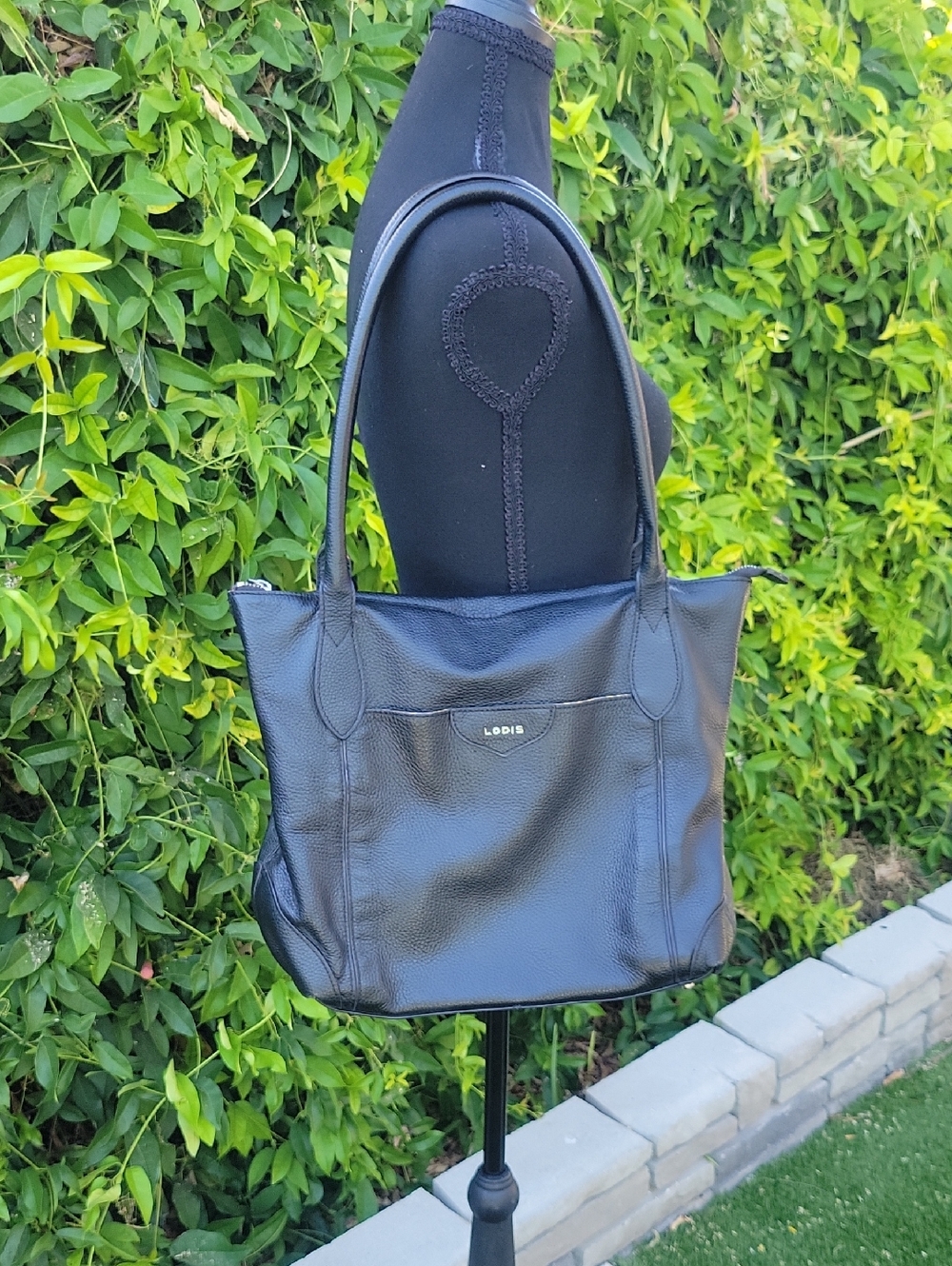 Lodis Black Pebbled Leather Tote with Top Zip